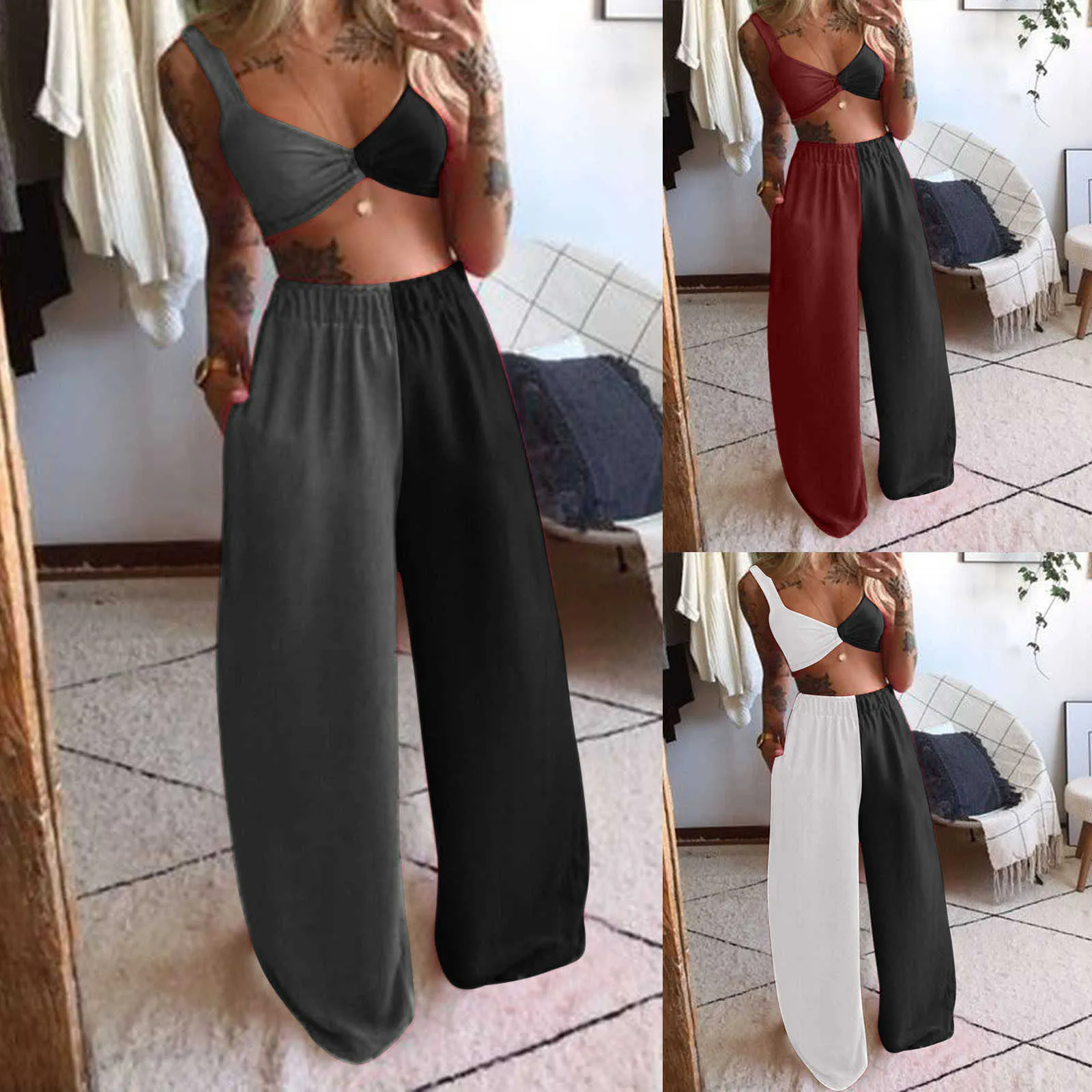 Damkläder Solid Patchwork Ärmlös Camis Toppar + Långbyxor 2 Styck Set Kvinnor Outfits Vetement Femme Q0801