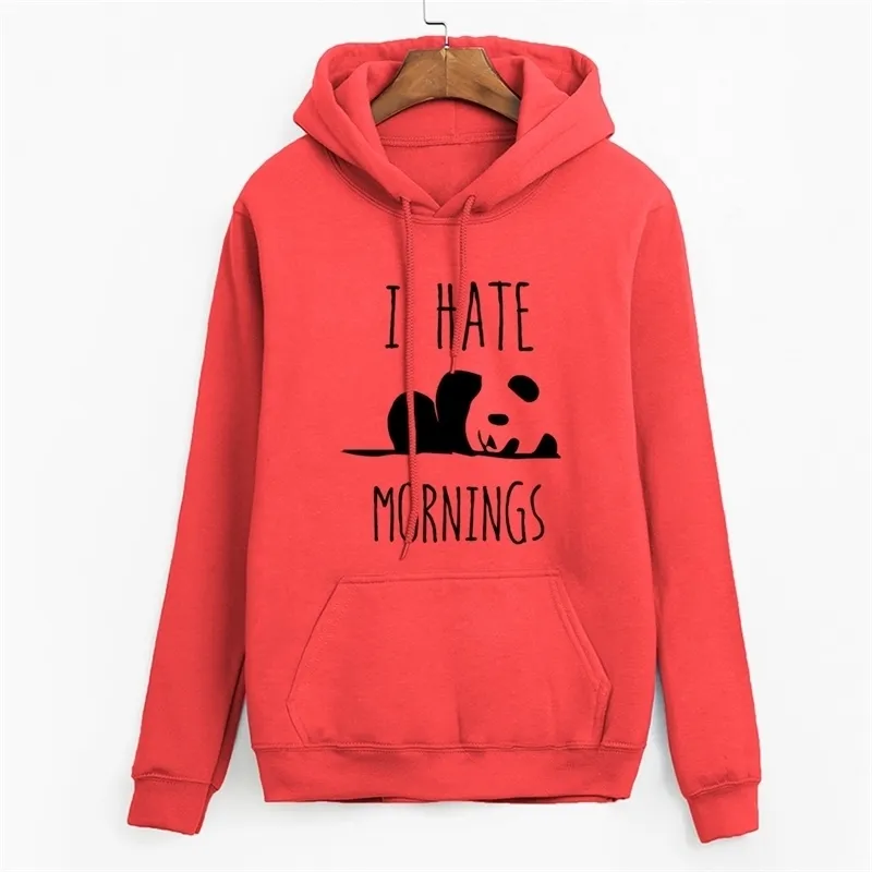 Marca tracksuis moda mulheres manga comprida hoodies moleton feminino lã hoodies panda eu odeio manhã camisola feminino 201006