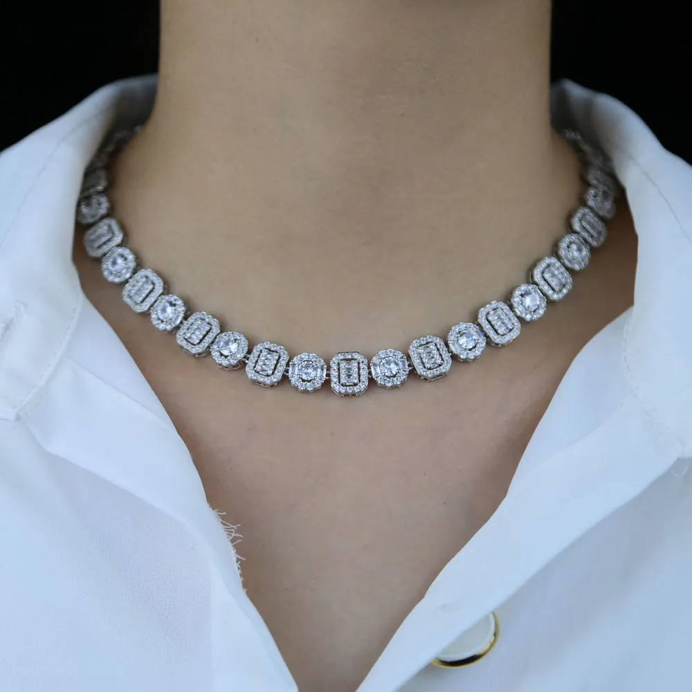 Högkvalitativa kvinnor Vintage Smycken Geometrisk Runda Baguette CZ Cluster Choker Halsband Iced Out Bling 5A CZ Men Tennis halsband x0509