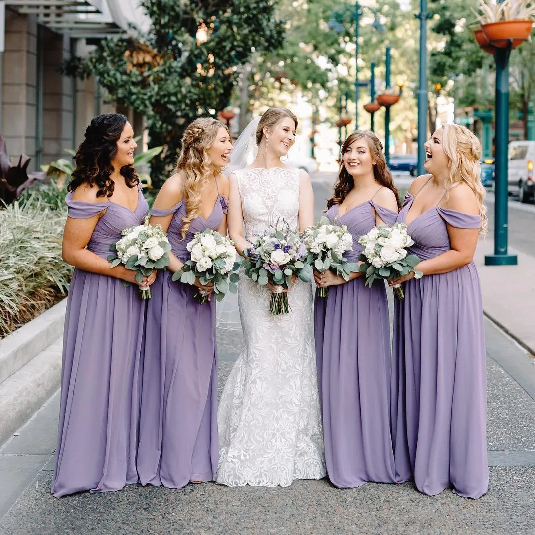 Lilac Bridesmaid Dresses Chiffon A Line Spaghetti Straps Ruched Pleats Off The Shoulder Custom Maid Of Honor Gown Plus Size Country Wedding Party Wear Vestidos 403