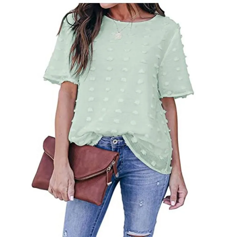 Женские блузки рубашки женщины с короткими рукавами рубашка лето круглые шеи швейцарская точка шифоновая блузка топы рваные пуловер винтаж блюса