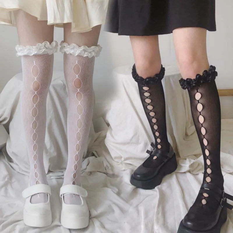 Socks & Hosiery Pleated Satin Lace Women Lace-up Over Knee Cosplay Gothic Sexy Hollow Out Punk Knee-high Stockings Lolita