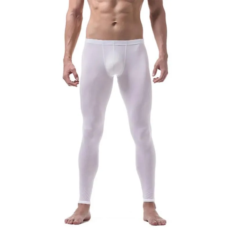 Men's Thermal Underwear Ice Silk Trousers Men Sexy Nylon Transparent Long Skin-friendly Pouch Sheer Spandex Lounge Leggings Tights I5J3