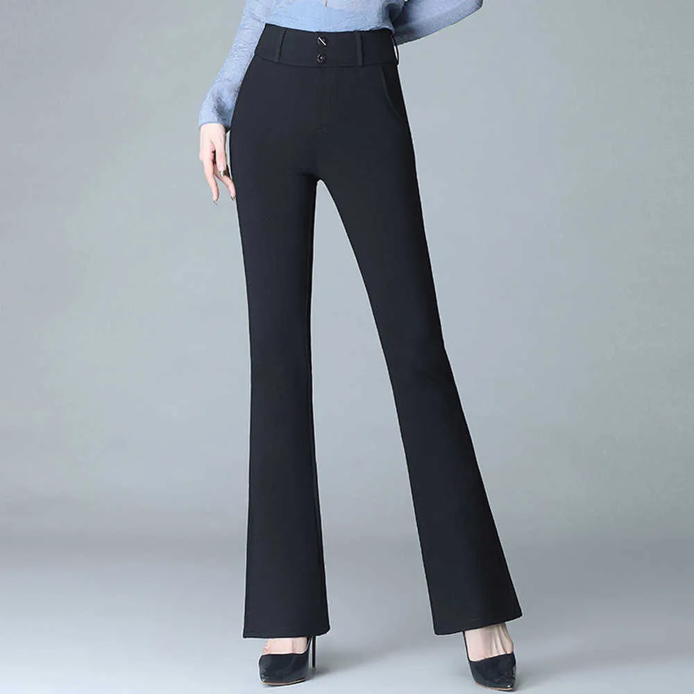 Femmes élégant pantalon évasé taille haute Stretch pantalons décontractés pantalon deux boutons bureau dame grande taille pantalon noir Q0801