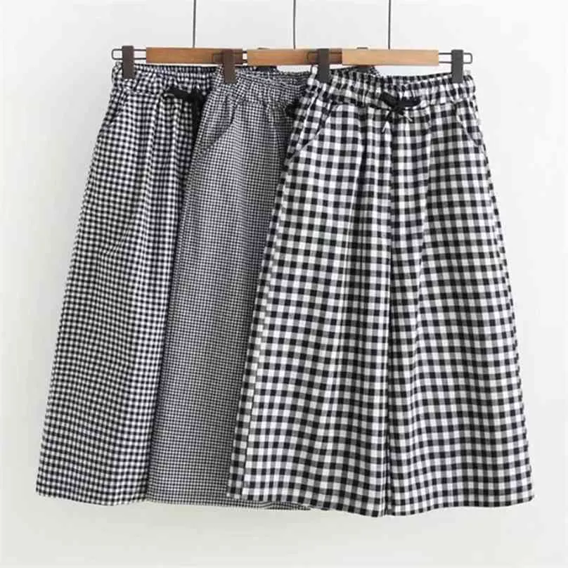 Pantaloncini larghi scozzesi in bianco e nero da donna, estivi, a vita alta, in cotone, con lacci larghi 210719