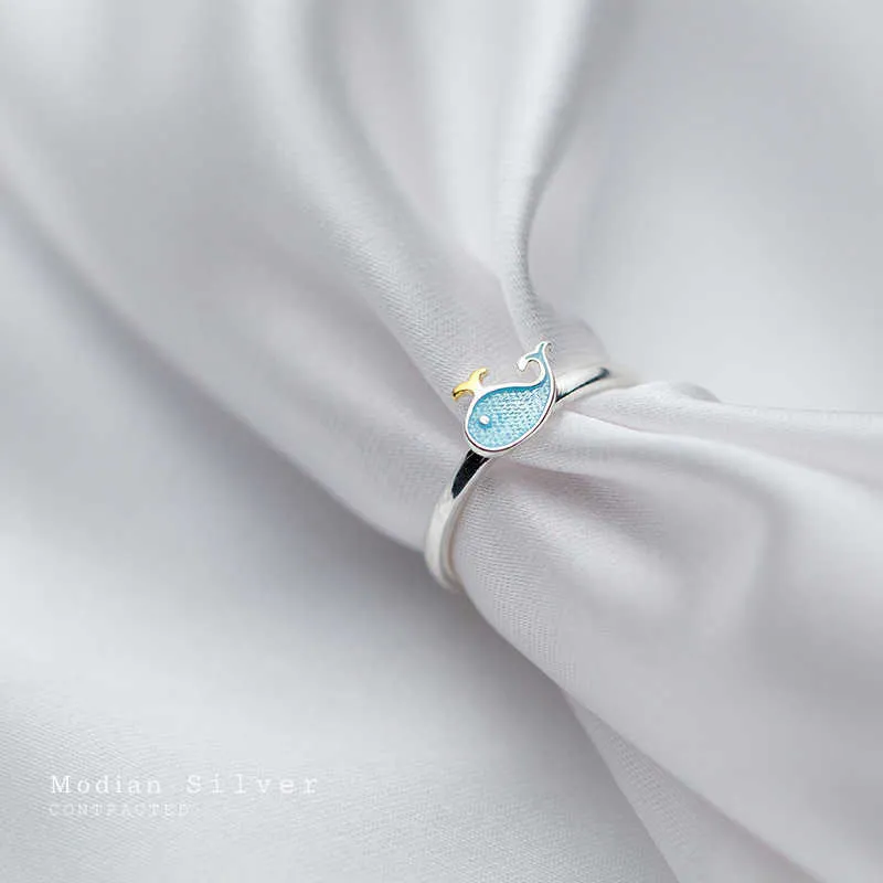Blauer Emaille-Ring mit niedlichem kleinen Delfin aus Sterlingsilber 925 für Frauen, Geschenk, Mode, freie Größe, Meeresleben, feiner Schmuck 210707