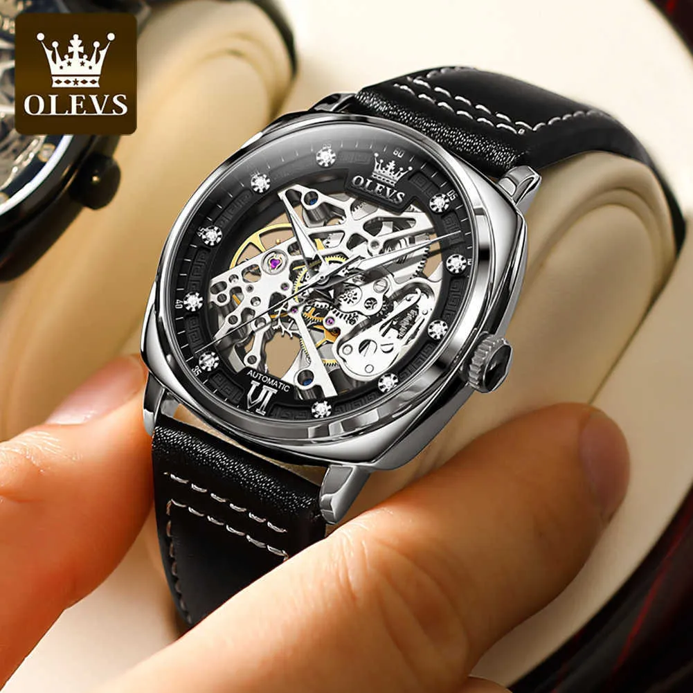 Olevs高級男性自動ウォッチメカニカルスケルトンデザインファッション防水時計男性腕時計Reloj Hombre Q0902