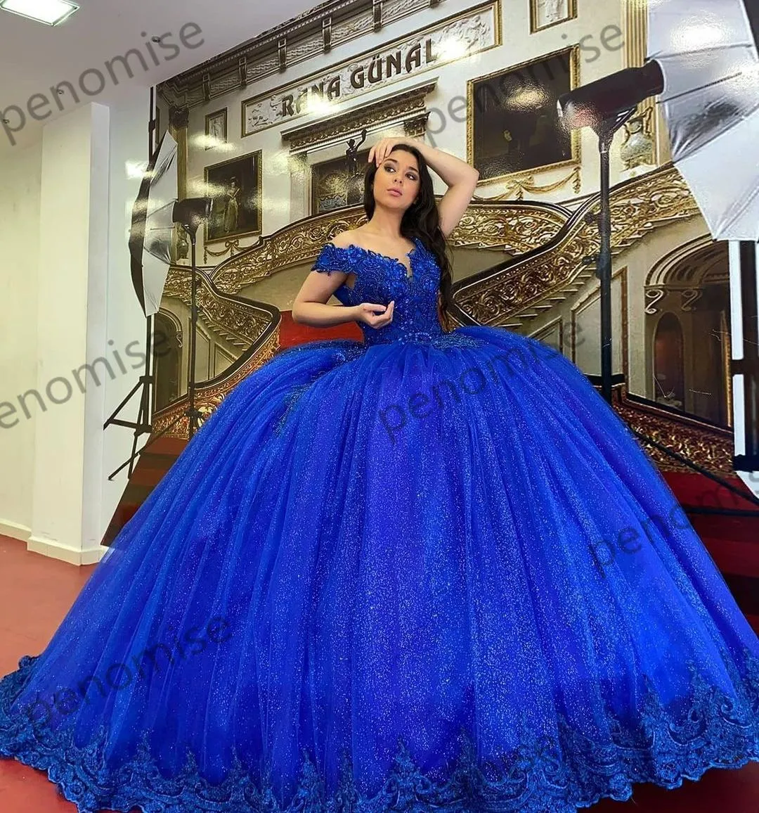Shop the newest designer royal blue off-shoulder gown