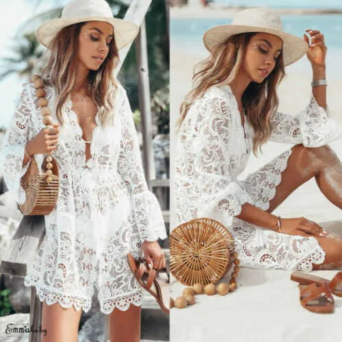 2021 Nieuwe Zomer Dames Bikini Cover Up Floral Lace Hollow Haak badpak Cover-UPS Badpak Beachwear Tuniek Strandjurk Hot Y1006