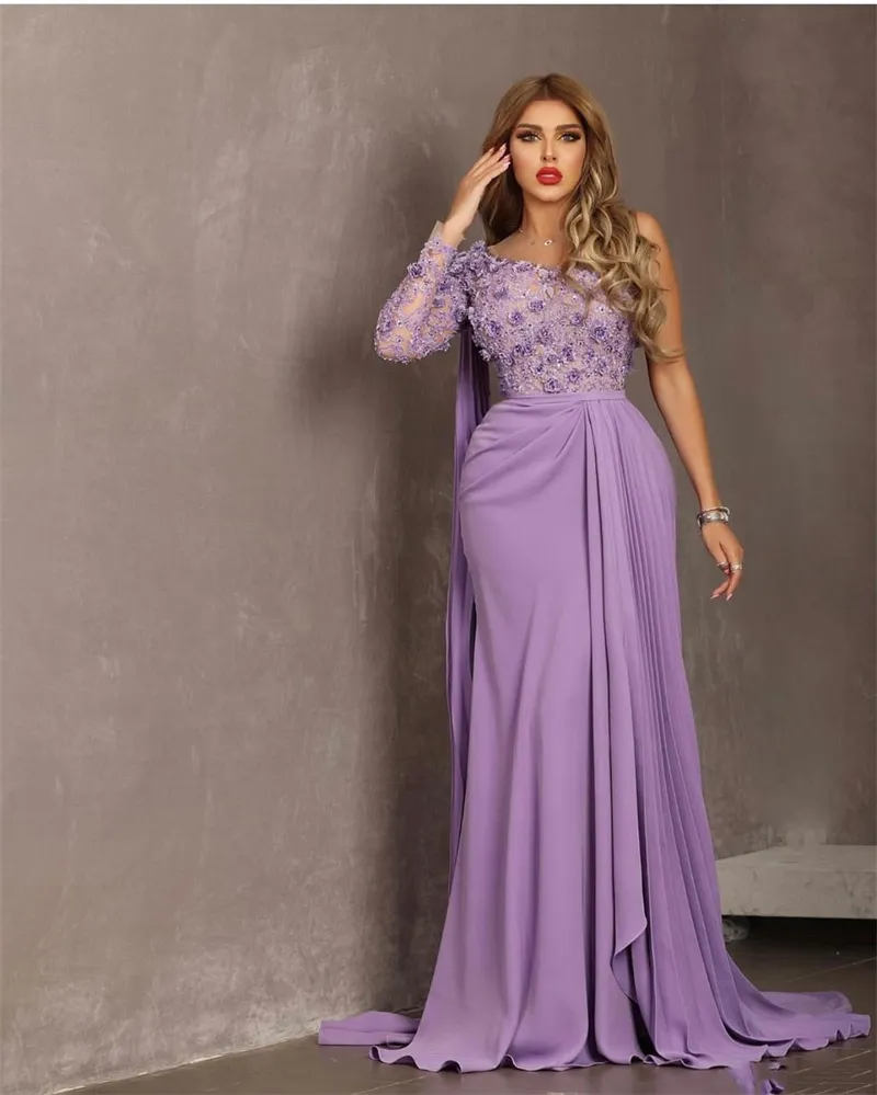 Pretty Lilac Flowers Mermaid Evening Dress One Shoulder Lace Floral Beads Long Pageant Gowns For Women Plus Size Prom Dresses Custom Made