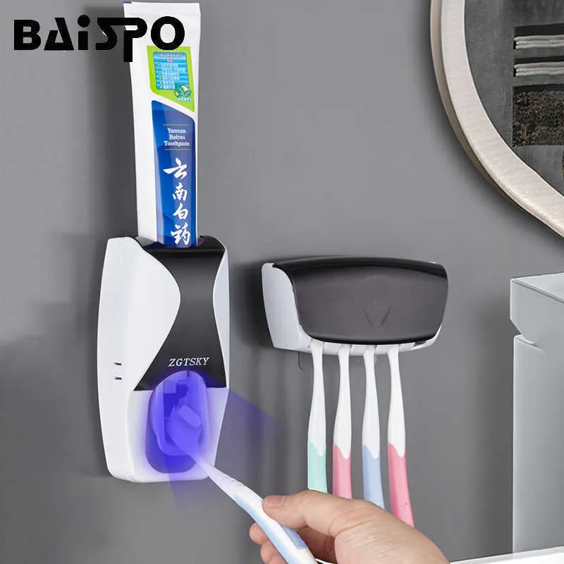 BAISPO自動歯磨き粉ディスペンサー壁マウント防塵防止歯ブラシホルダー収納ラック浴室アクセサリーセット210709