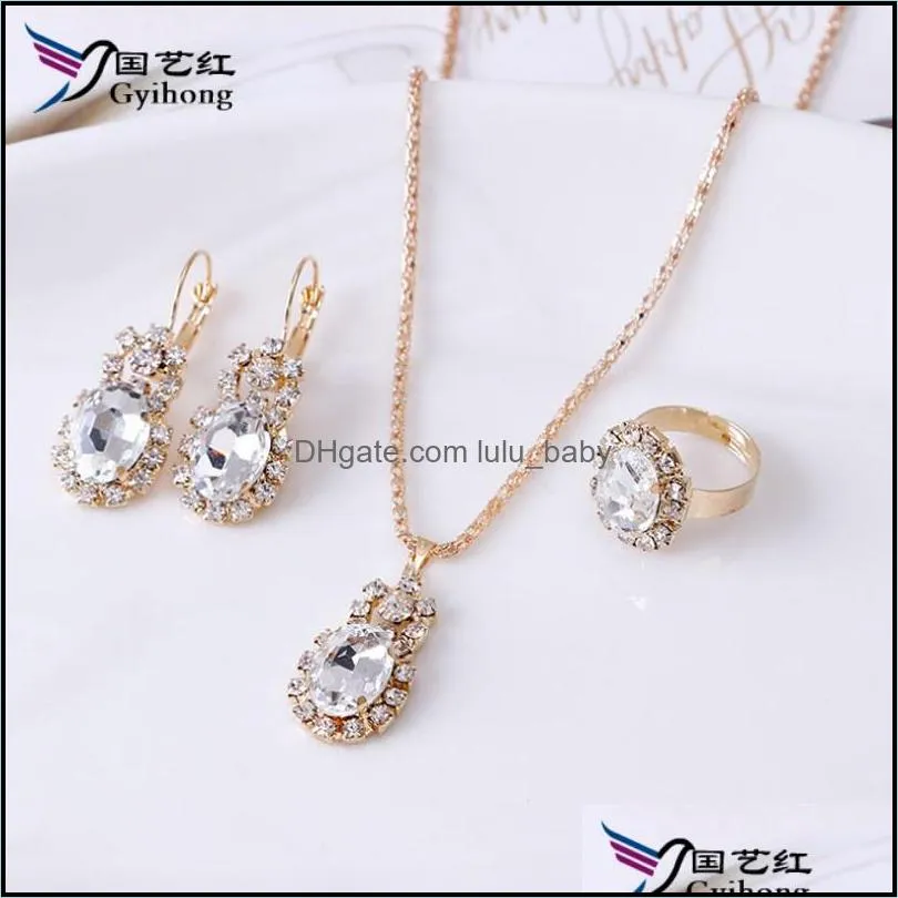 European And American Fine Oval Gem Claw Chain Jewelry Sets Drop Necklace Earrings Ring Three-piece Sets 178 Q2