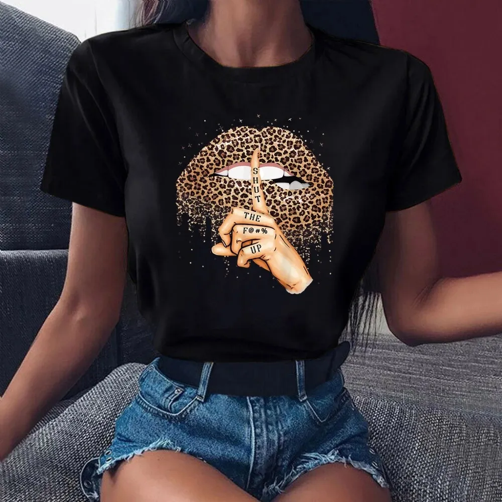 Propcm damska koszulka topy z krótkim rękawem kapiąca lampart usta drukuj wycięcie pod szyją Tshirt graficzne letnie ubrania damskie casualowe w stylu Streetwear T-Shirt