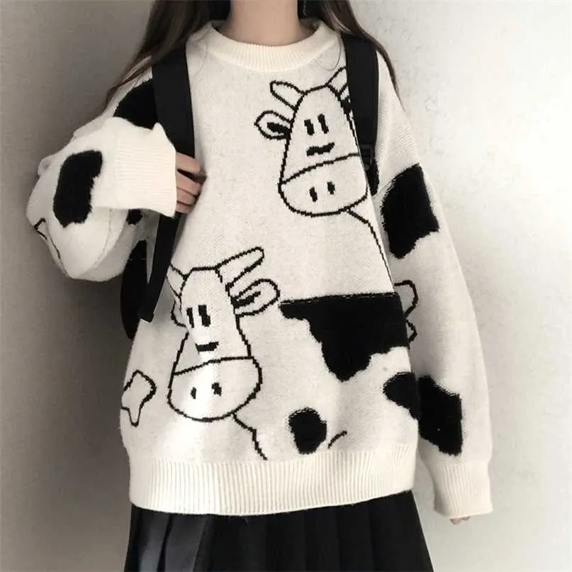 Höst Winter Oversized Women Pullover Tröja Svart Gul Vit Blå Cow Skriv ut Stickade Turtleneck Tröjor Män 211011