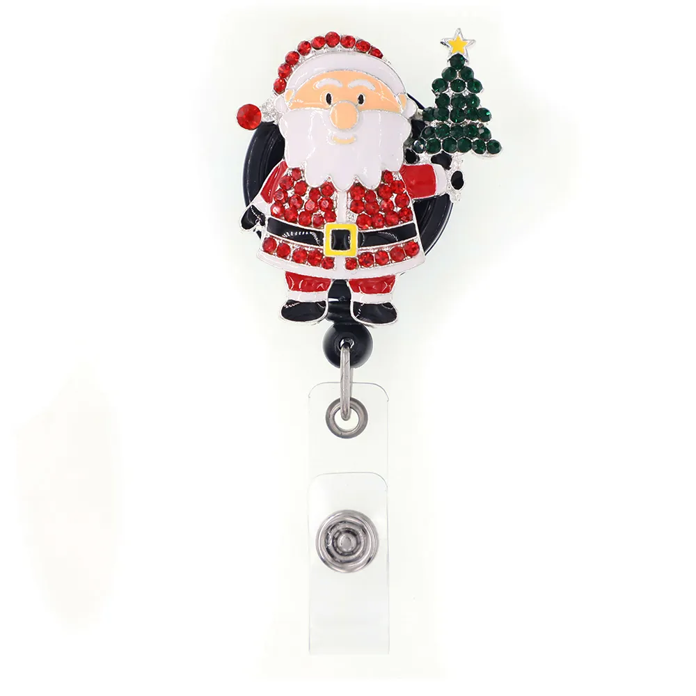 Newest Key Rings Christmas Santa Claus Snowman Dog Rhinestone Retractable Holiday ID Holder For Nurse Name Accessories Badge Reel 341Z