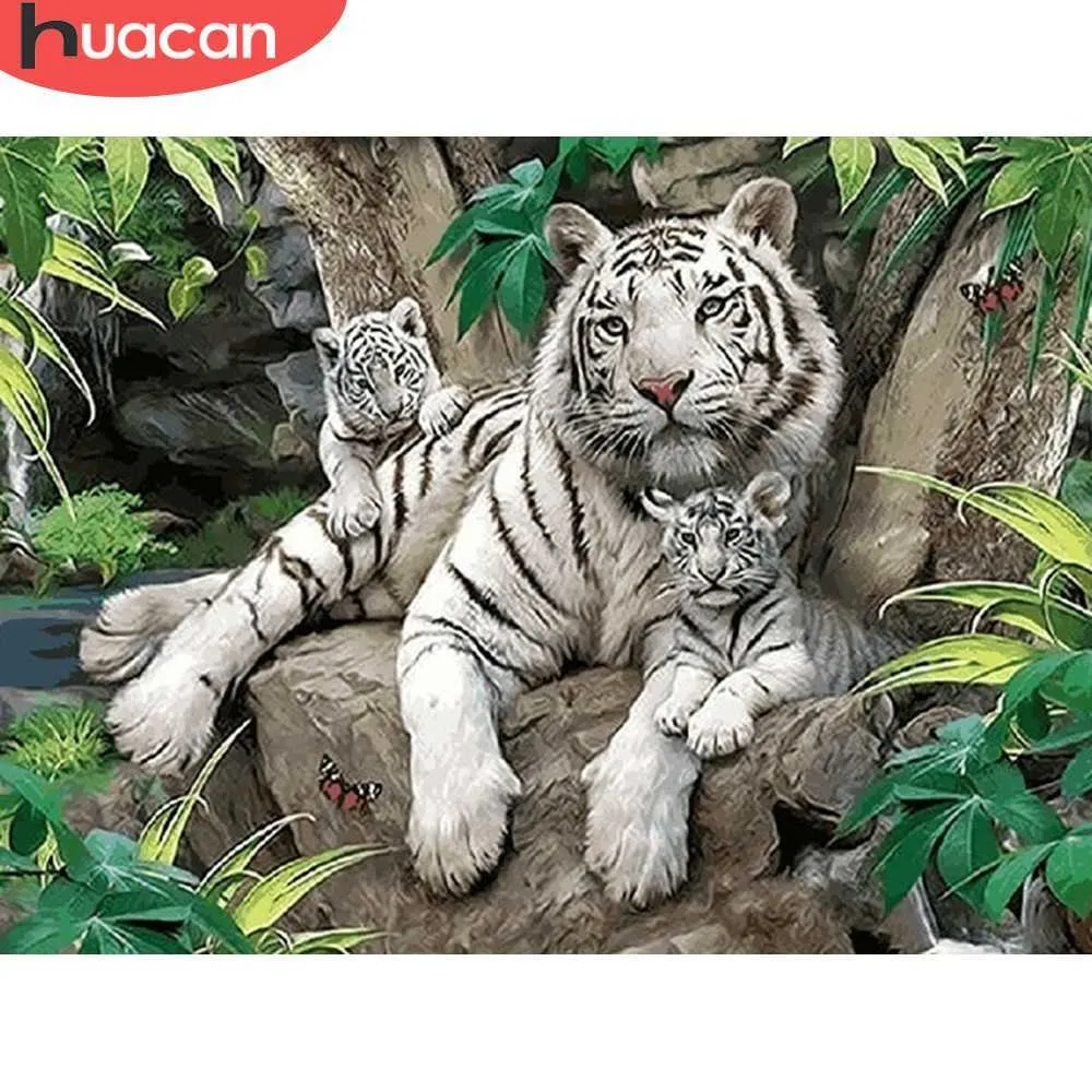 Huacan broderi djur diy mosaik paintng full borrharts trädgård dekoration 5D diamant målning bengal vit tiger