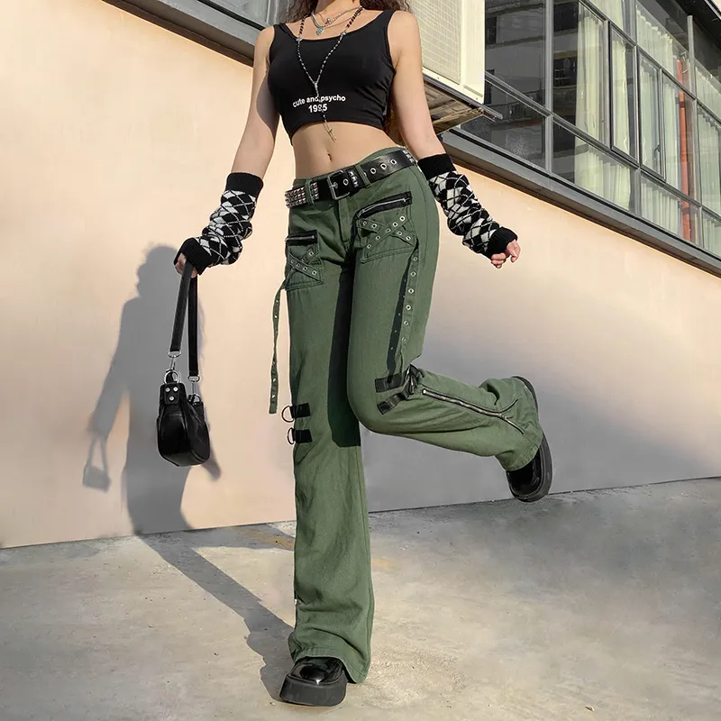 Gothic Grunge Punk Style Cargo Pants Women Low Rise Jeans