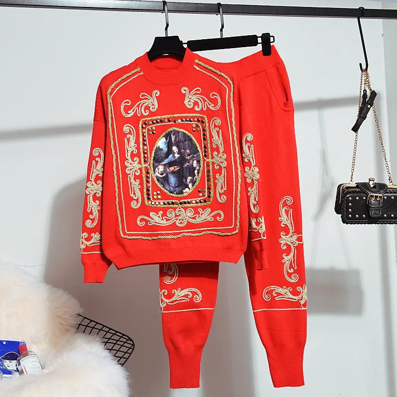 New Autumn Winter tracksuits Winters Casual Chic Red Tracksuit Two Piece Knitted Set Embroidery Sweater + Knit Long Harem Pants Suit Women Loose 2pcs