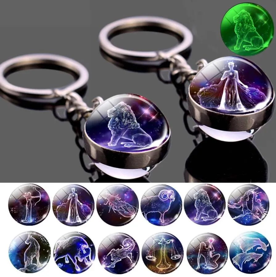 Glow in the Dark 12 Constellation Sleutelhanger Zodiac Signs Picture Double Side Cabochon Glass Ball Sleutelhanger Sieraden Verjaardag Geschenken