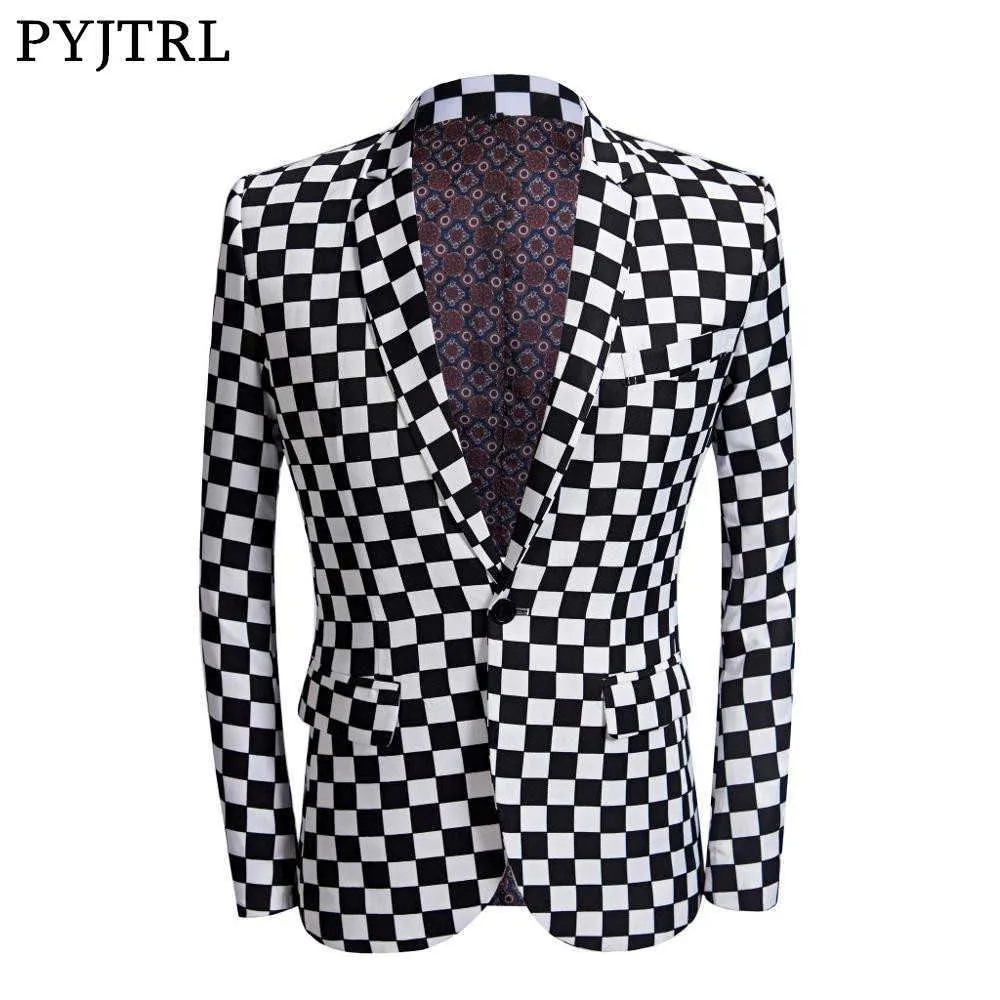 PYJTRL Tide Male Black White Plaid Blazer Design Mens Plus Size Fashion Suit Jacket Singer Costume Homme Slim Fit Outfit X0628