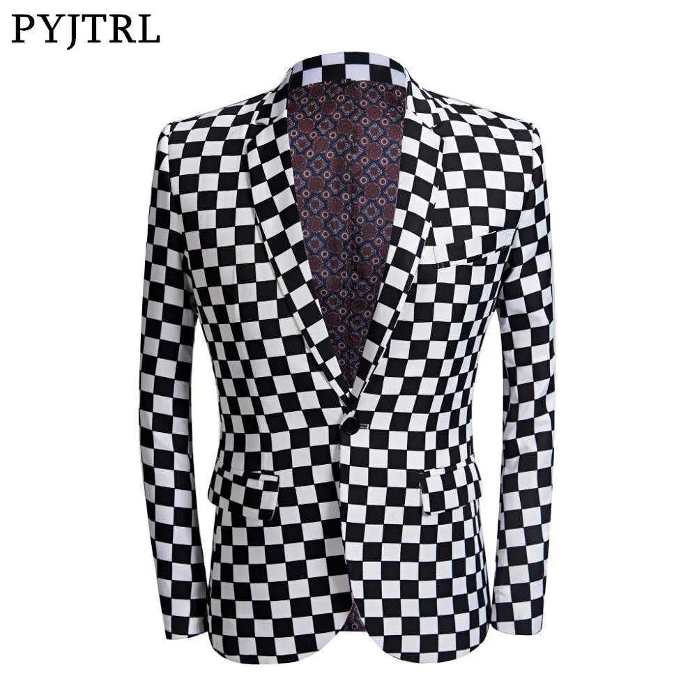 Pyjtrl tidvatten man svart vit pläd blazer design mens plus storlek mode kostymjacka sånger kostym homme slim passform outfit x0628