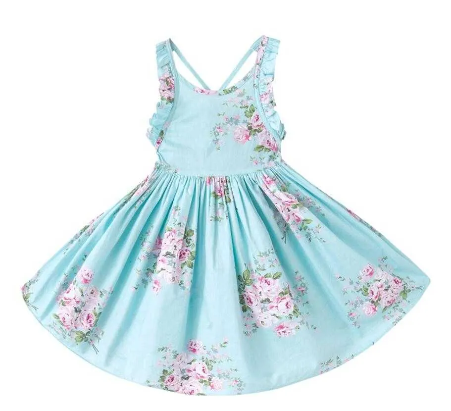 Baby tjejer klänning sommar strand hav boho blommig blomma bröllop toddler barn backless tjej barn vintage tutu klänningar blå 1-12yrs Q0716