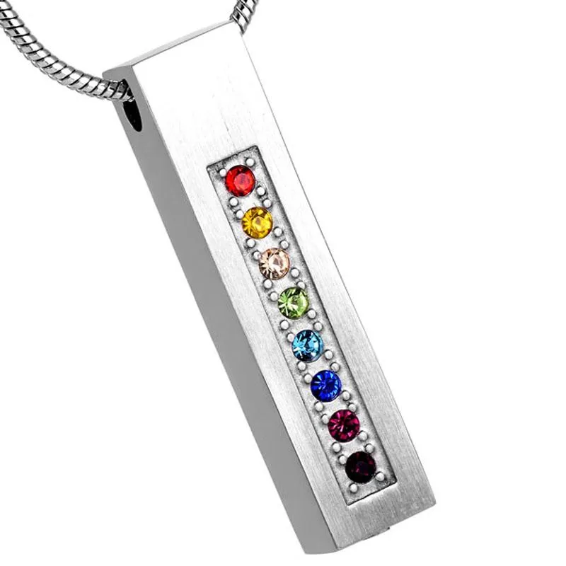 Hängsmycke Halsband Säljer Rainbow Colors Crystal Cylinder Cremation Halsband Rostfritt stål Memorial Smycken Urns för Human Pet Ashes