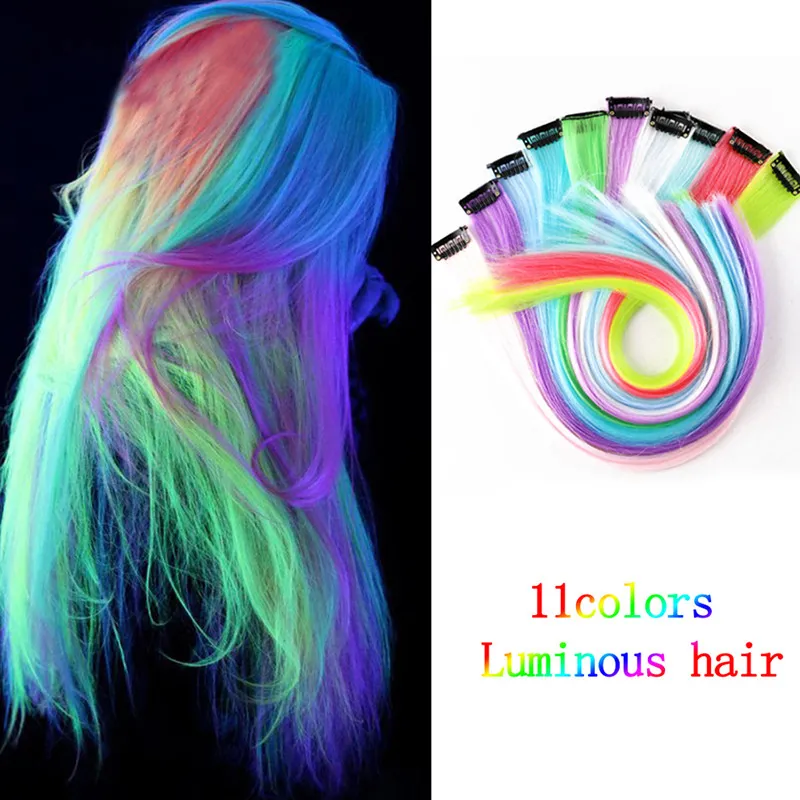 50cm singelklipp i ett stycke Lysande glödande ombre syntetiska hårförlängningar hårstycken för kvinnor flicka hår med clips