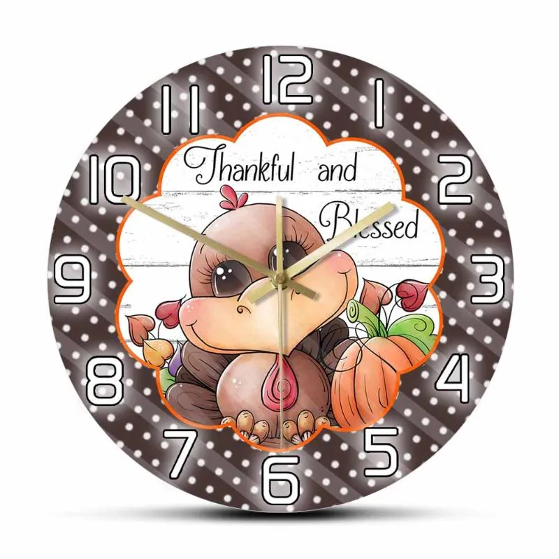 Wall Clocks Thankful & Blessed Thanksgiving Decorative Clock Little Turkey Pumpkin Heart Color Printed Watch Day Gift