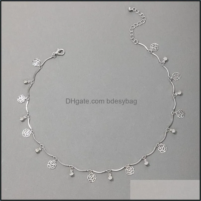 Elegant Rose Flowers Chain Choker Neckalce for Women Shiny Rhinestone Tassel Clavicle Geoemtric Jewelry Collar