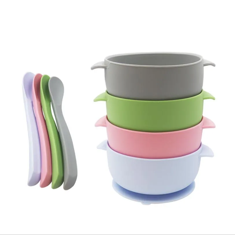 Infant Silicone Bowl Spoon Set Baby Feeding Solid Color Waterproof Children Silicone Cutlery Suction Cup Maternal Infant Products ZYY724