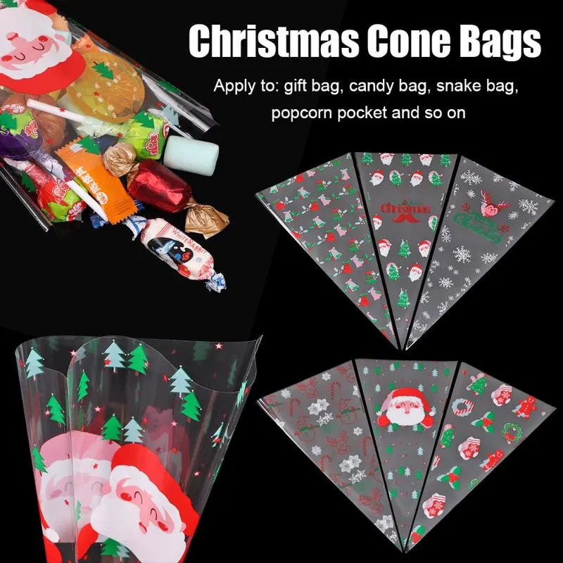 Juldekorationer Pocket DIY Snack Packaging Party Supplies Blandade Xmas Patterns Cone Bags Cellophane Pouches Santa Claus Deer