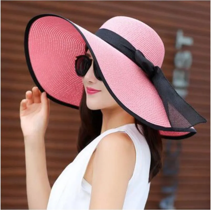 القبعات الصيفية الإناث شمس القبعات القبعة الكبيرة الحافة الكلاسيكية القوس قبلة القش قبعة غير رسمية في الهواء الطلق قبعة الشاطئ للنساء UV حماية قبعة