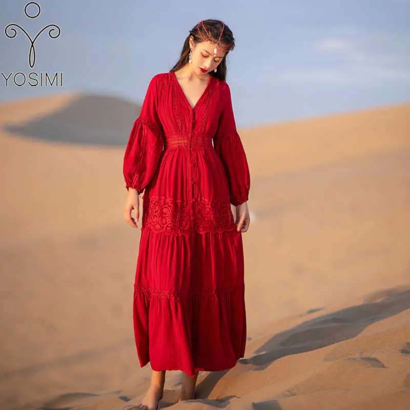 YOSIMI Summer Maxi Elegant Cotton and Linen Long Sleeve Women Dresses Lace V-neck Vintage Bohemian Female Red Dress 210604