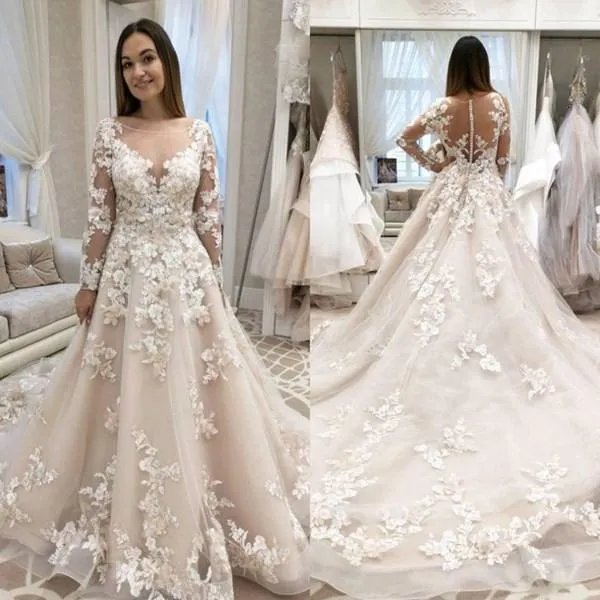 2021 Boho robes de mariée avec appliques florales 3D sur mesure manches longues chapelle train jardin boutons couverts robe de mariée robe de novia