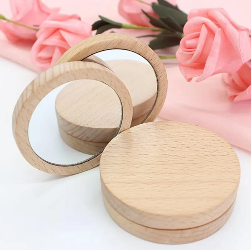 Specchio piccolo rotondo in legno Specchio tascabile portatile Mini specchio per trucco in legno Bomboniera regalo Logo personalizzato WWA142