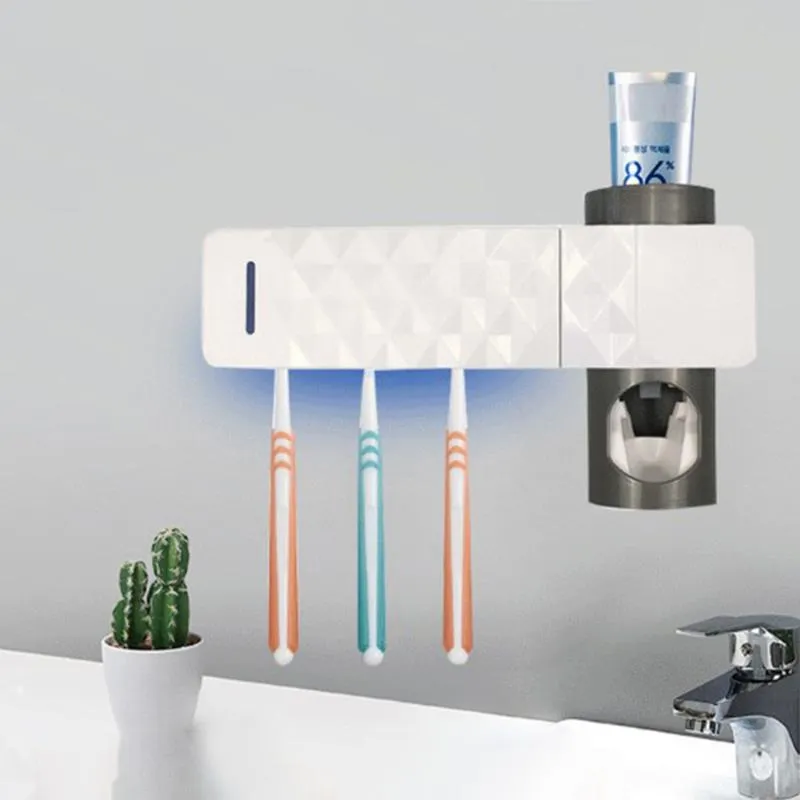 Smart UV Toothbrush Sanitizer & Dispenser Set Battery Powered Wall Mount Holder For Bathroom