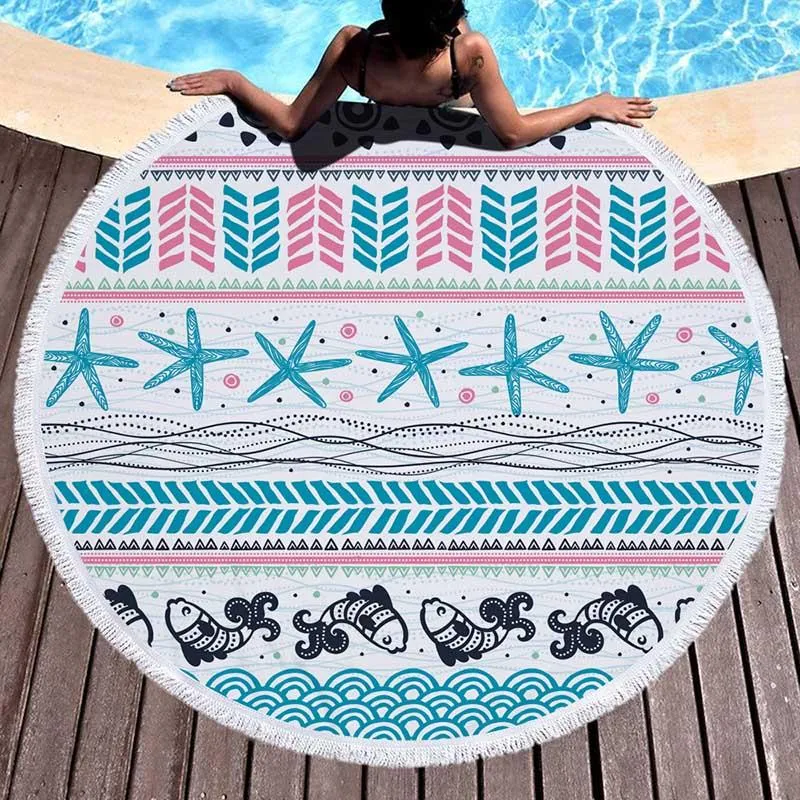 Round Beach Towel Mandala Microfiber Geometry Terry Thick With Tassels Round Beach Blanket Picnic Throw Yoga Mat Ultra Soft 59 Inch