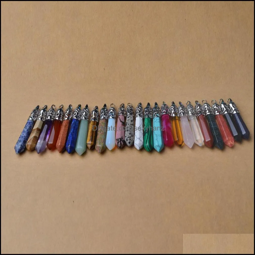 24PC Mixed Natural Gems Stones Long Hexagonal Pointed Healing Reiki Chakra Pendant Charm Beads Necklace Pendant wholesale
