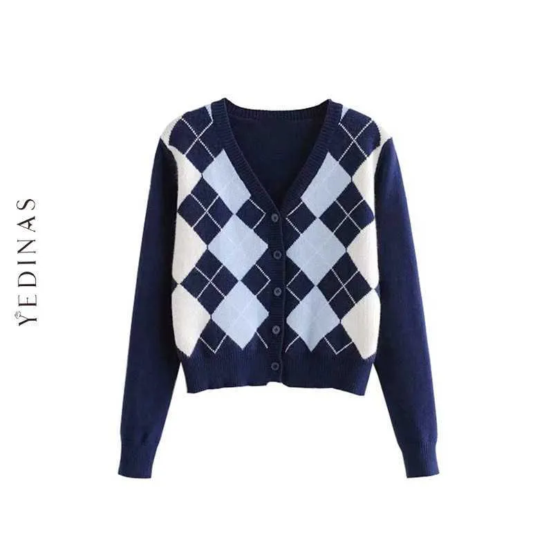 Yedinas Women Cardigan Vintage Fashion Geometric Pattern Short Knitted Sweater Long Sleeve England Style Outerwear Chaqueta 210527