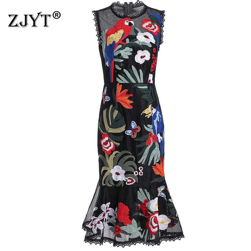 Wysokiej Jakości Ptaki Floral Haft Mesh Trumpet Dress Runway Summer Odzież Kobiety Bez Rękawów Sexy Robe Femme Party Vestidos 210601