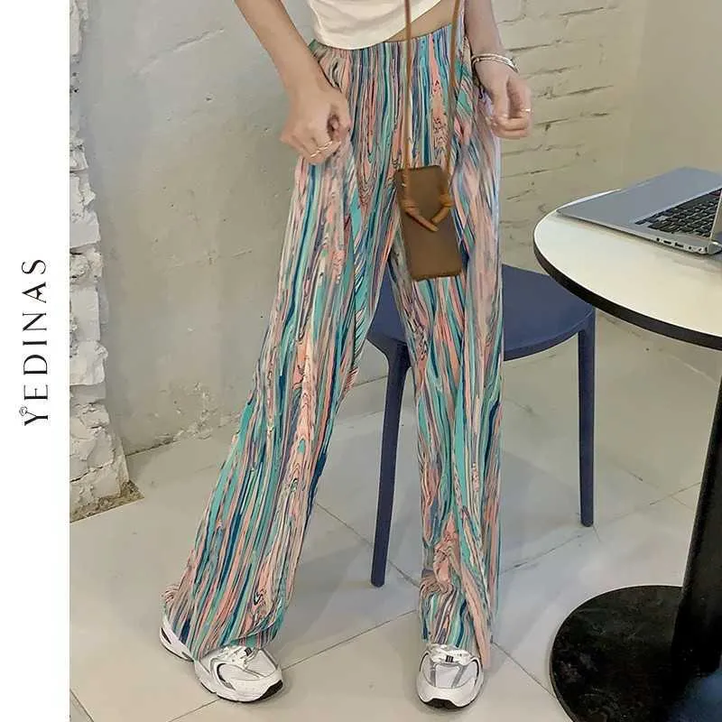 Yedinas Tie Dye Spodnie Kobiety Kolorowe E Girl Wide Noga Wysoka Elastyczna Talia Spodnie Koreański Harem Punk Streetwear 210527