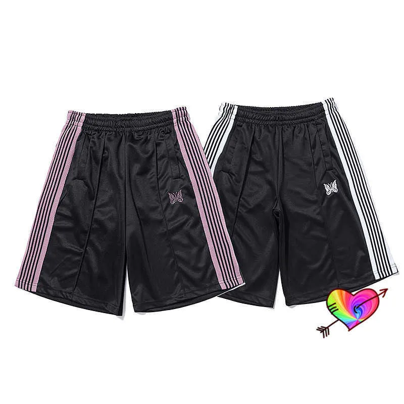 Negócios Preto Shorts Homens Mulheres de Alta Qualidade Rosa Roxa Borboleta Bordado Striped Afège Agulhas Shorts Loose Creeces Loose X0628