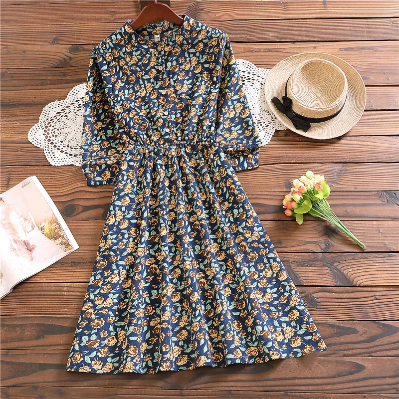 Corduroy Knee-Length A-Line Dress for Women with Stand Collar and Floral  Pattern, Elastic Waist, Full Cap Sleeves from Dhgate Basic & Casual Dresses  - price 42.22