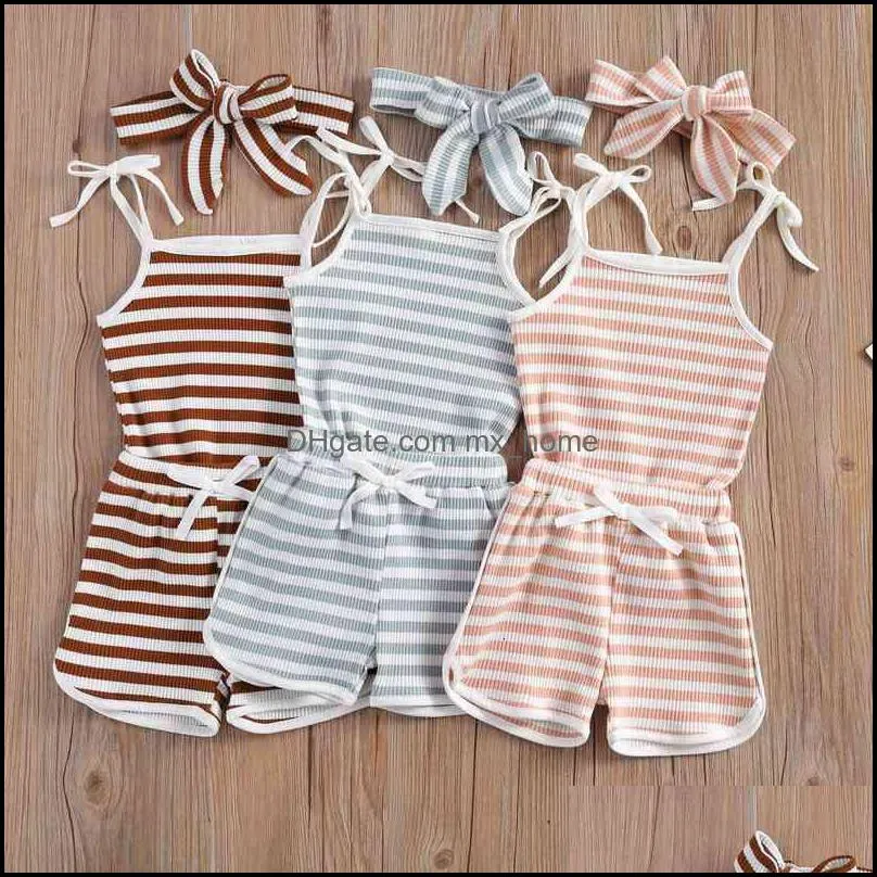 Wallarenear 0-4years Toddler Baby Girl Summer 3pcs Clothing Set Sleeveless Striped Top Vest Shorts Headband Fashion Clothes