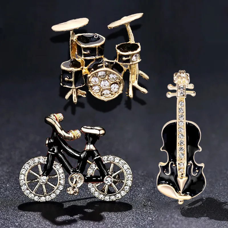 Fshion 브로치 금속 자전거 바이올린 드럼 세트 브로치 스타일 브로치 연회 보석 여성 절묘한 에나멜 스카프 배지