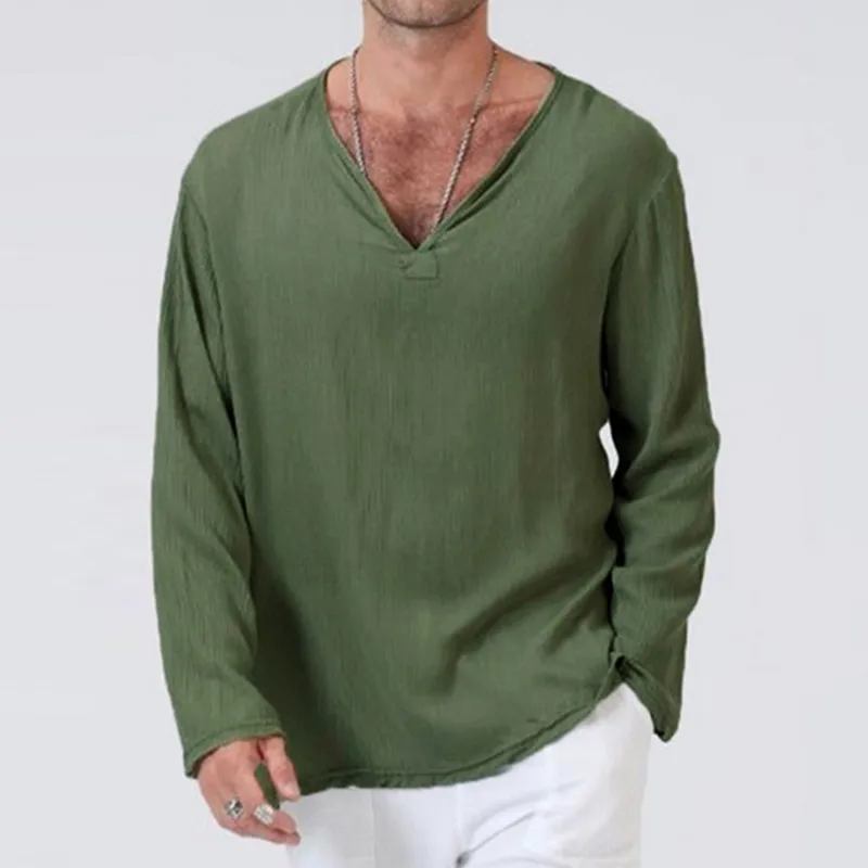 Talla Grande 3XL Túnica Camisa Para Hombre Suave Color Sólido Lino