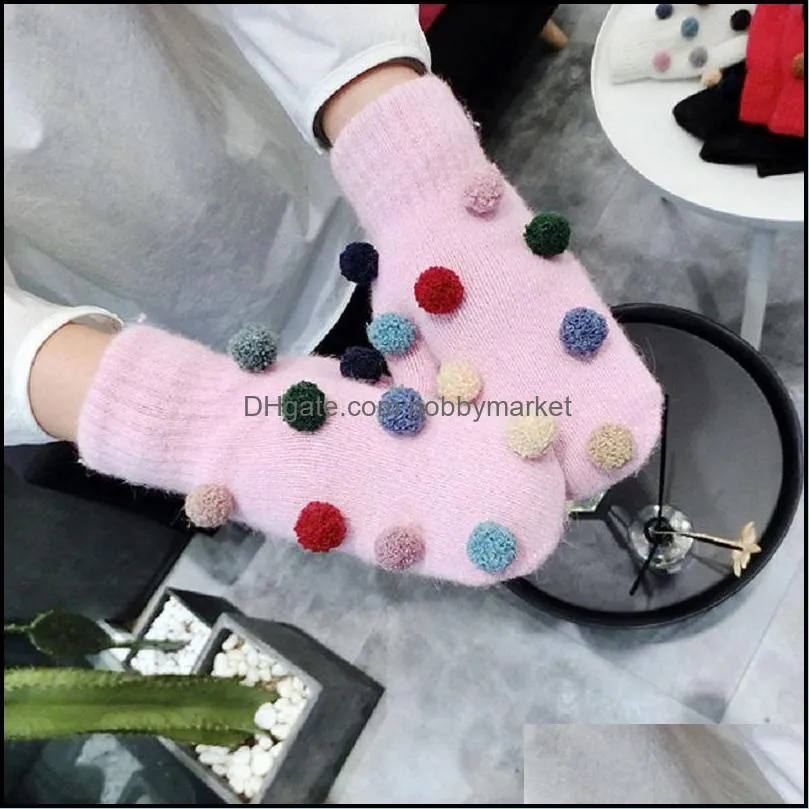 Five Fingers Gloves Christmas Gift Pom Fingerless Mittens Warm Winter Women Fur Knitted Blended Warmer Red Mitten Outdoor