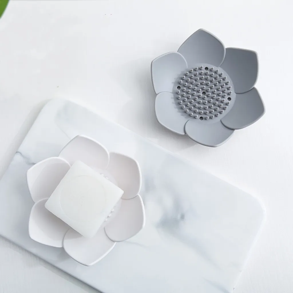 Grey Flower Silicone Soap Dish Bathroom Body and Hand Washing Soaps Boxes Soft Petal Tray with Hole