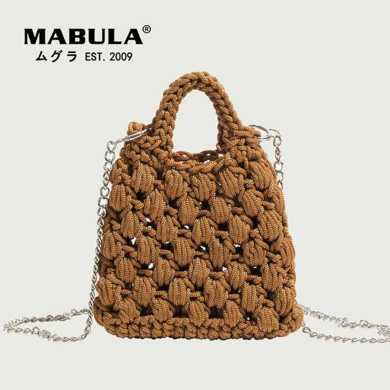 Shopping Bags Shopping BagsMABULA Vintage Crochet knitted Tote Handbag Hollow Design Summer Beach Crossbody Bag with Metal Chain Small Phone Purses 220301